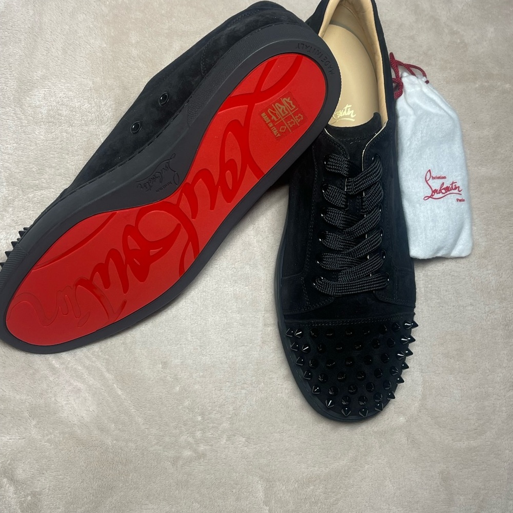 Christian Louboutin Black Suede Spiked Sneakers Vieira spikes flat veau velour - Picture 6 of 7